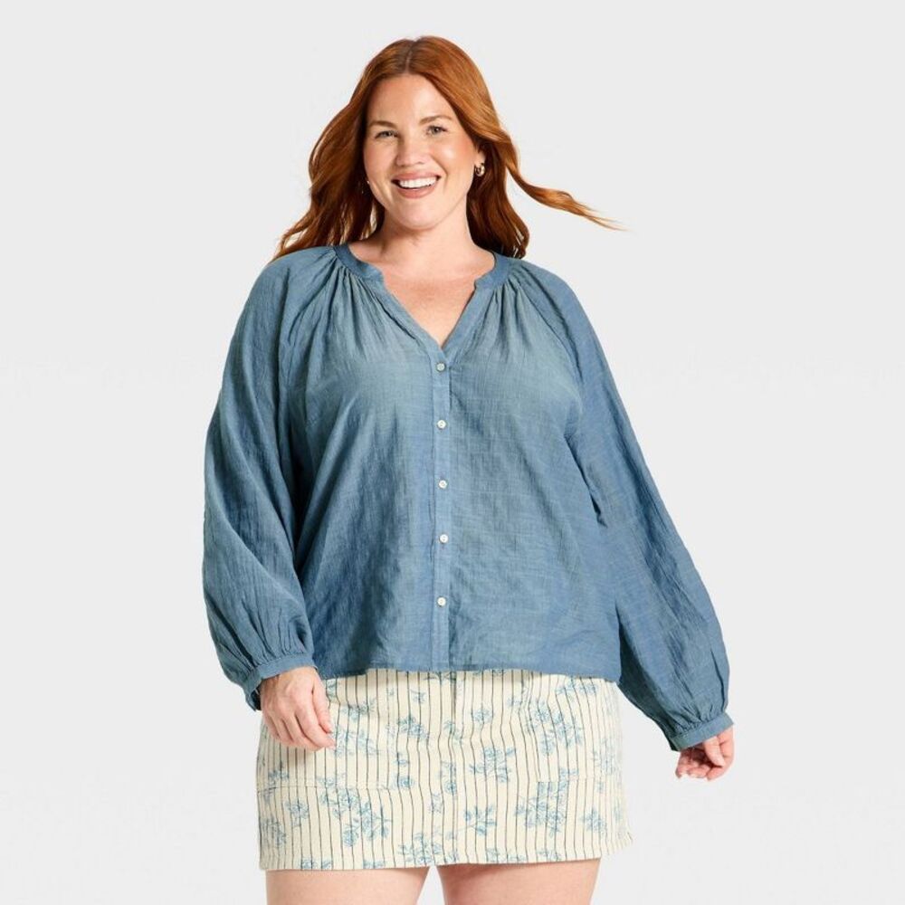 Women's Raglan Long Sleeve Blouse - Universal Thread Blue XXL